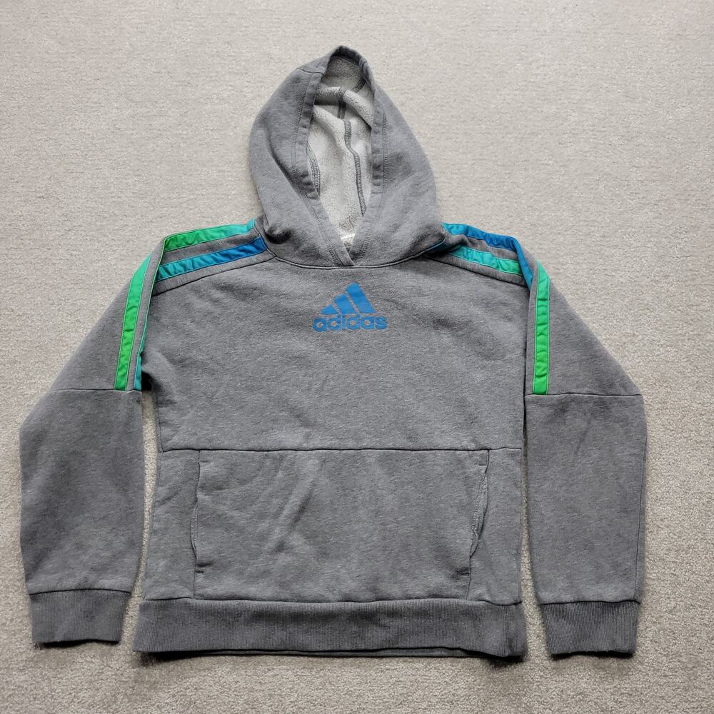 Adidas Boys M 10/12 Gray Pullover Hoodie Green Blue 3 Stripe Logo Sweatshirt